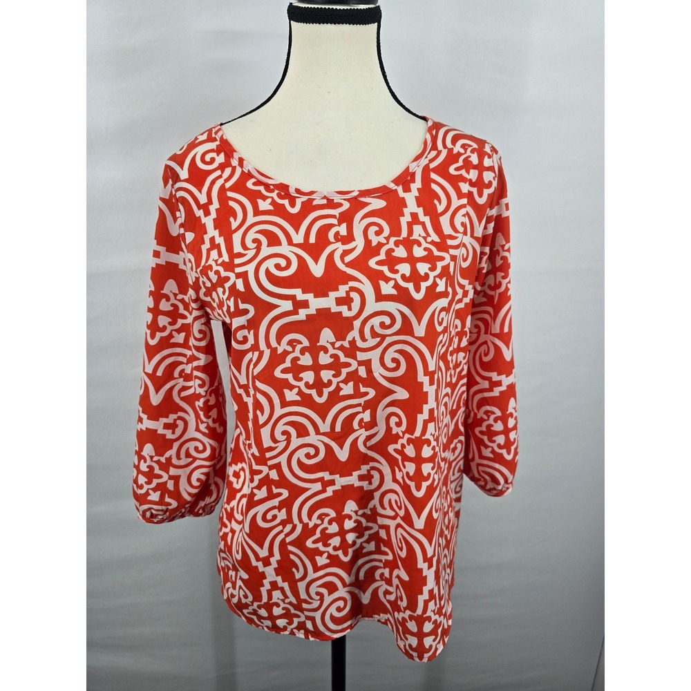 Orange White Geometric Scroll Print Keyhole Back Blouse 3/4 Sleeve Top Small